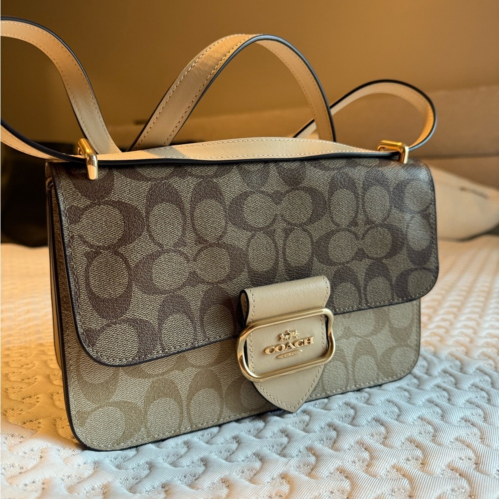 Large Coach Signature Brown and Tan Shoulder Bag. Morgan square crossbody
